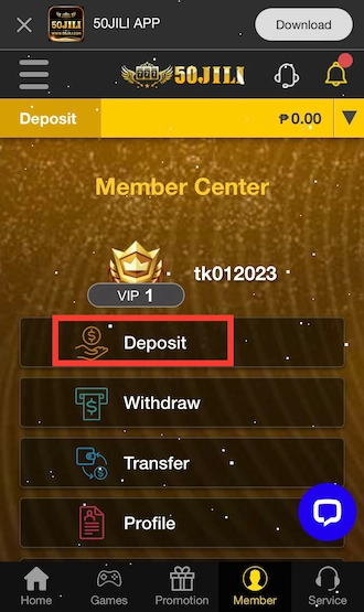 Step 1: 50jili VIP login to your betting account. Then select Deposit.