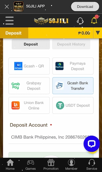 Step 2: Select deposit method GCash Bank Transfer.